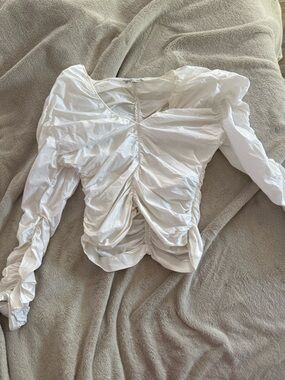 Zara White Ruched V-Neck Long Sleeve Blouse